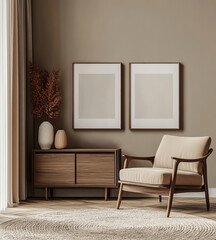 an armchair and sideboard in the foreground, two poster frames on the wall