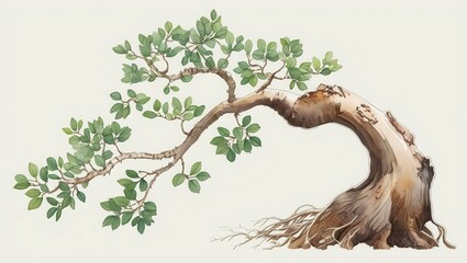 Serene Bonsai Tree Watercolor Painting Lush Green Foliage Ancient Trunk Exposed Roots