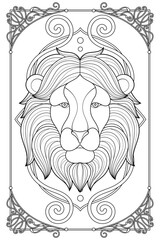 Royal Art Nouveau Lion Coloring Page. Vintage Black and White Animal Illustration. Luxury Tarot Deck Design.