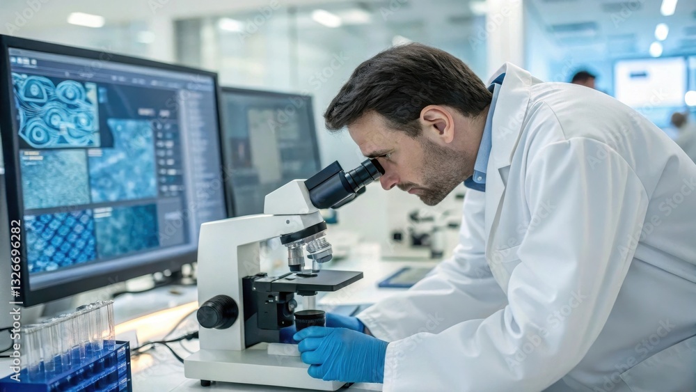 Aufkleber scientist examining samples under a microscope in a modern laboratory setting.