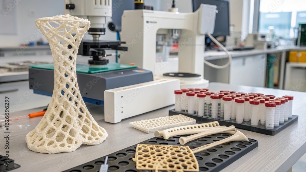 Aufkleber 3d-printed structures on a workbench with lab equipment and sample tubes in a research environment.
