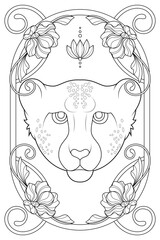 Royal Art Nouveau Cheetah Coloring Page. Vintage Black and White Animal Illustration. Luxury Tarot Deck Design.