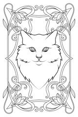 Royal Art Nouveau Cat Coloring Page. Vintage Black and White Animal Illustration. Luxury Tarot Deck Design.