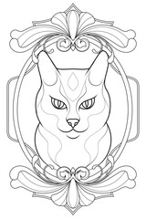Royal Art Nouveau Cat Coloring Page. Vintage Black and White Animal Illustration. Luxury Tarot Deck Design.