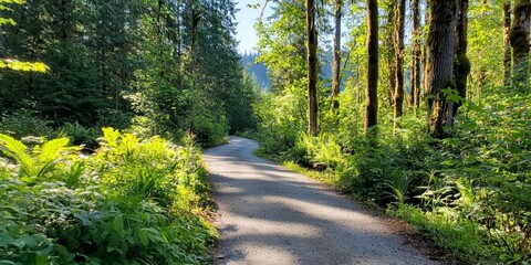 Naklejka premium Serene Curved Path Through Lush Green Forest in Early Morning Light