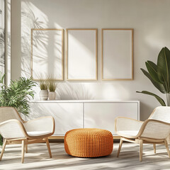 Fototapeta premium A white sideboard with wooden legs and three empty picture frames on the wall, along with two armchairs in light beige tones, an orange woven ottoman, and some plants.