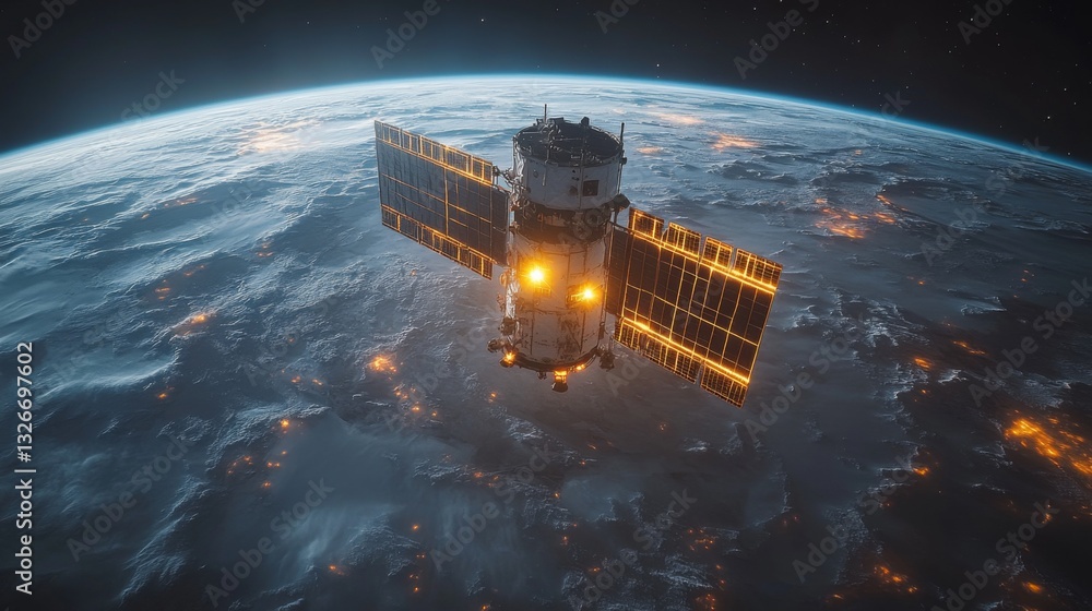 Poster A spacecraft orbits Earth, relaying telemetry and positioning signals while the planet glows with scattered city lights. Its solar panels capture energy in the darkening atmosphere.