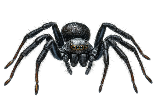 Detailed black spider on clear background