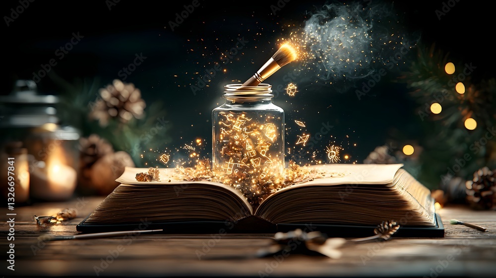 Poster magical paintbrush hovering above an open book painting a canvas filled with glowing abstract symbol