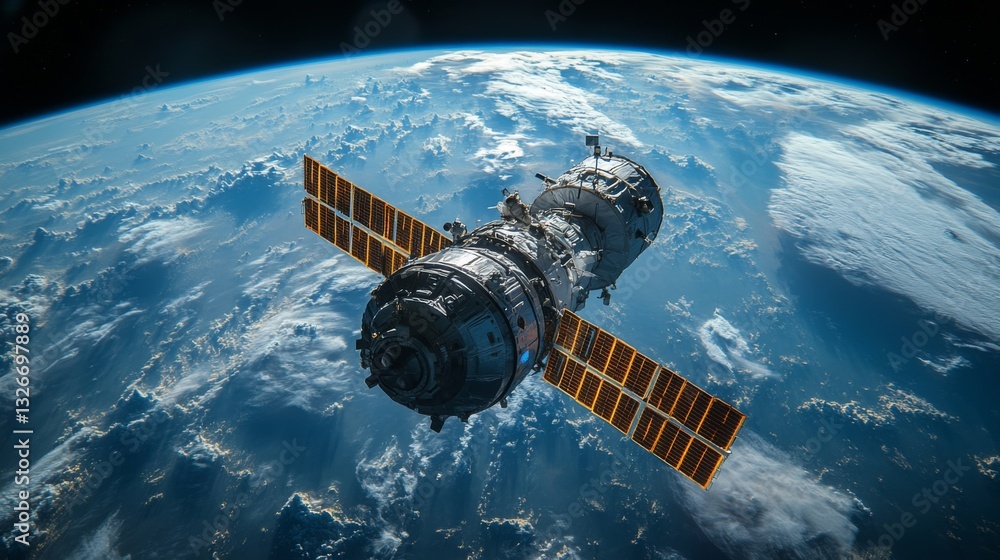 Fototapete A spacecraft equipped with solar panels orbits Earth, facilitating communication and data transmission. It operates within a low Earth orbit, supporting broadband services and telemetry functions.