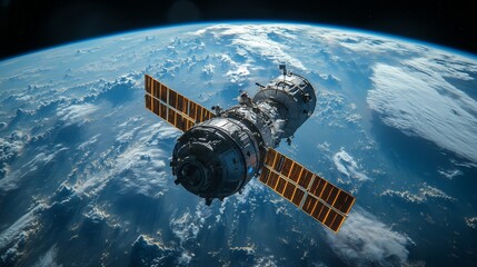 A spacecraft equipped with solar panels orbits Earth, facilitating communication and data transmission. It operates within a low Earth orbit, supporting broadband services and telemetry functions.