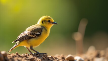 Fototapeta premium A baby starling with bright yellow feathers and dark wings stands on the ground, looking alert