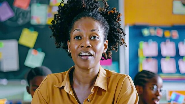Black parent speaking during a parent-teacher meeting PTM in a colorful classroom, discussing their child's education with a teacher while students are in the background. Parental involvement concept