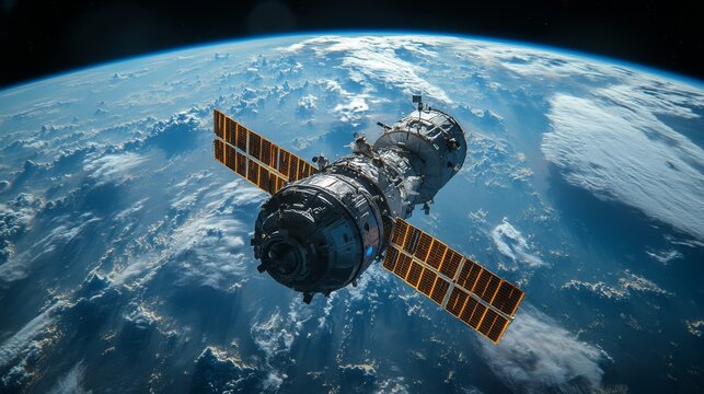 A spacecraft equipped with solar panels orbits Earth, facilitating communication and data transmission. It operates within a low Earth orbit, supporting broadband services and telemetry functions.