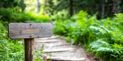 Wooden Trail Signpost Amidst Lush Greenery and Pathway Ahead
