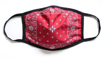 A red bandana mask with white floral and geometric patterns, bordered in black.