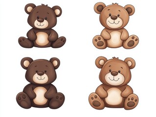 Fototapeta premium Cute cartoon teddy bears in various colors sitting on a white background