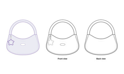 Curved Handle Mini Bag Technical Fashion Illustration. Small Handbag Vector Template. Front and Back View. Soft Rounded Silhouette with Decorative Star Patch. Zipper Closure. CAD Mockup Set.