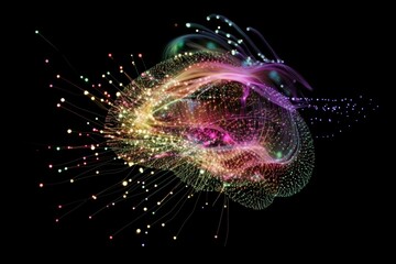 Abstract holographic brain with data points and electric pulses
