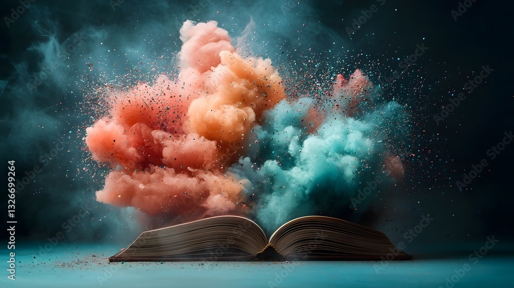 Poster Vibrant abstract swirls and shapes bursting forth from the pages of an open book symbolizing the boundless creativity and imagination unleashed through the written word and the power of the mind