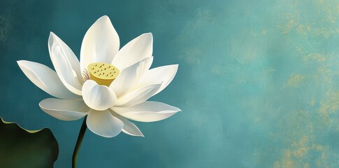 A beautiful white lotus flower blooms against a teal background