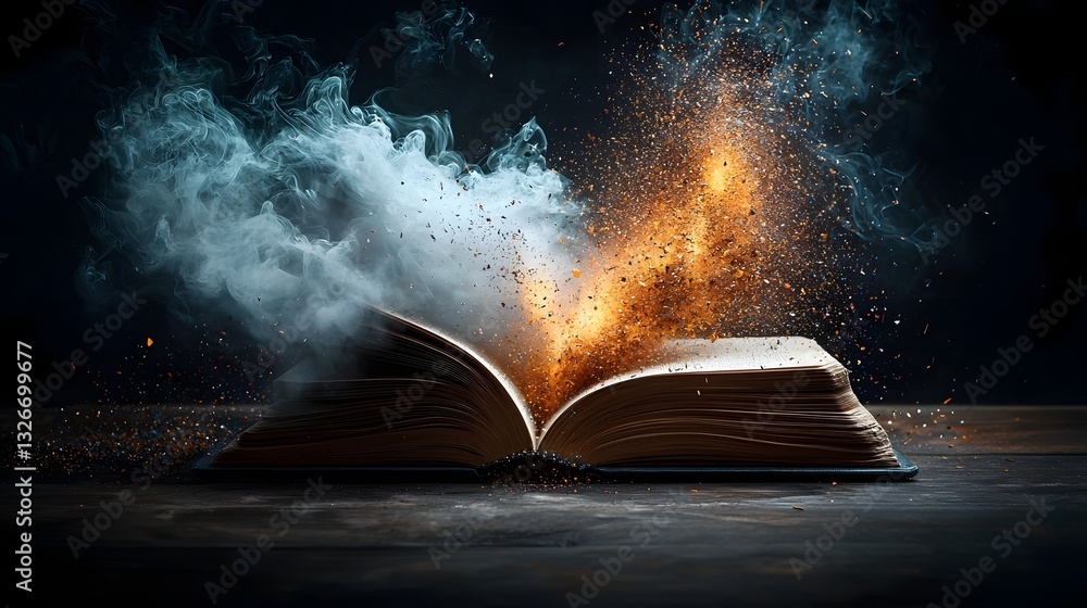 Poster an open book becomes a portal to a vibrant swirling vortex of colors and abstract shapes symbolizing