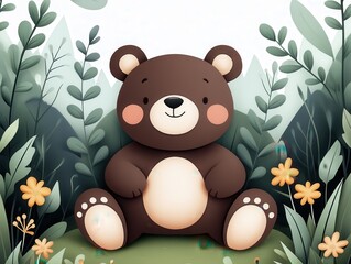 Cute cartoon bear sitting among vibrant flowers and lush greenery in a serene forest