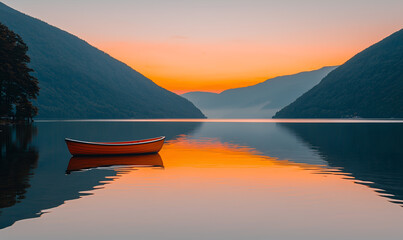 A serene lake at sunset with a solitary red boat, surrounded by mountains reflecting warm hues on calm water.