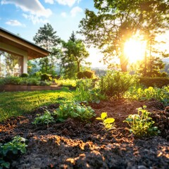 Eco-friendly gardening methods composting and vibrant plants at golden hour outdoor garden side angle view nature's beauty