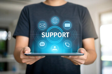 Customer support concept with digital icons on tablet held by person, technology assistance, help desk service, business support