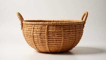 Obraz premium A big basket with two handles, made of woven material, displayed against a plain background.