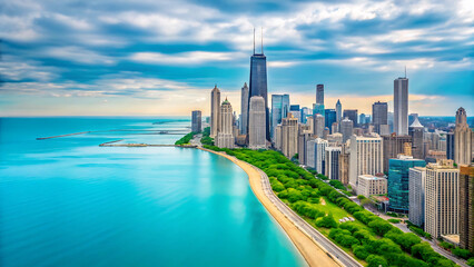 Fototapeta premium erial view of Chicago skyline along Lake Michigan, featuring iconic skyscrapers and scenic waterfront, urban landscape.