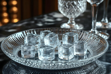 Clear Ice Cubes On Decorative Glass Plate