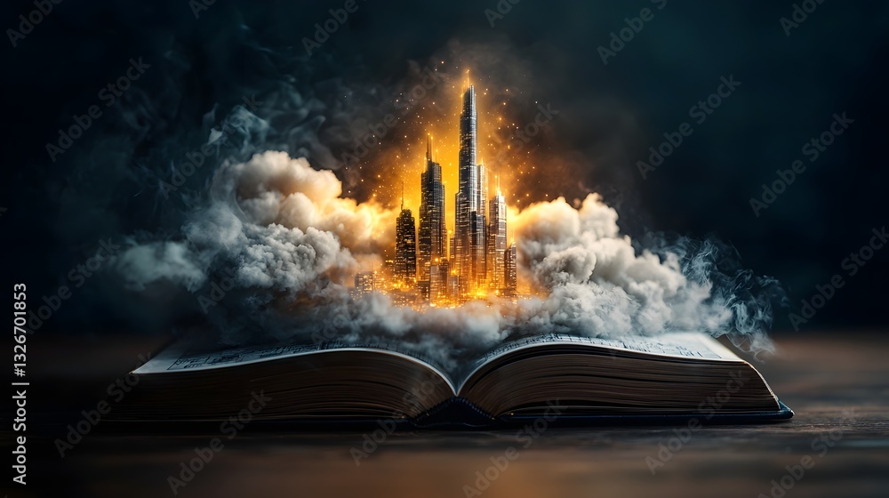 Poster a photograph of an open book revealing a glowing blueprint that transforms into a towering futuristi