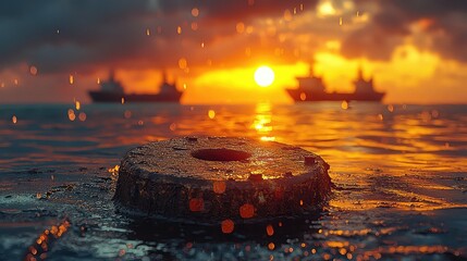 Rusty Metal Ring in Ocean Water at Sunset Dramatic Golden Hour Seascape with Cargo Ships in Background