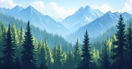 Fototapeta premium A beautiful forest set in the mountains with towering peaks