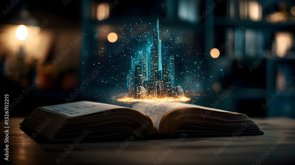 Poster transformative blueprint revealing futuristic skyscraper design an open book showcases a glowing blu
