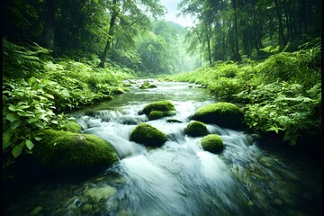 Fototapeta premium Tranquil Flowing Stream Surrounded by Lush Green Nature Scene