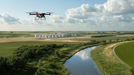 Fototapeta premium A drone hovering over a large animal farm, collecting real-time data for precision farming.