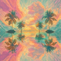 Obraz premium Palm trees reflect on calm water under colorful cloudy skies