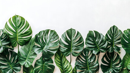 A row of vibrant green Monstera leaves arranged against a white backdrop, creating a fresh and natural aesthetic.