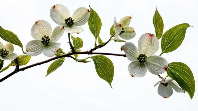 Blooming dogwood branch sways gracefully in spring breeze against clear sky