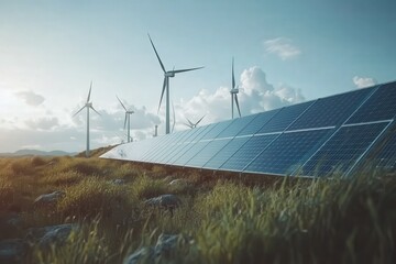 A long row of solar panels and wind turbines stands against a blue sky