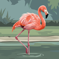 Standing Flamingo in Water with Artistic Geometric Style Background