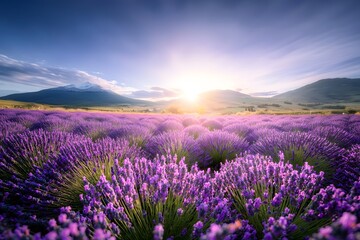 Fototapeta premium Vibrant Lavender Fields Under a Bright Sunrise in Nature Landscape