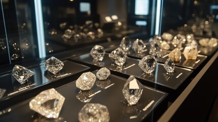 A luxury display case filled with various diamonds, each labeled with certification details