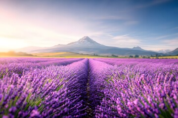 Serene Lavender Field with Majestic Mountain Backdrop at Sunrise
