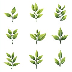 Green leaf vector icon set isolated on white background, simple flat design logo style. Collection of green tea leaves symbols for natural, organic products, and environmental protection concepts. Per