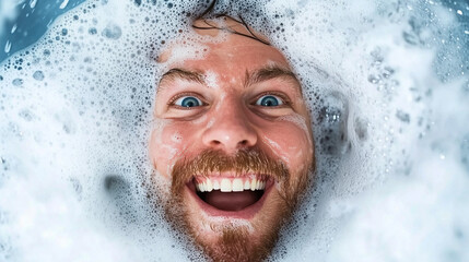 Man Washing Hair with Anti-Hair Loss Shampoo in Shower