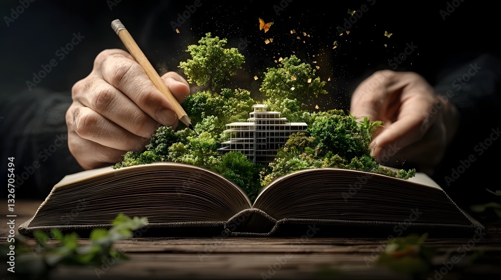 Poster architectural sketch in an open book comes to life as a building constructs itself in real time